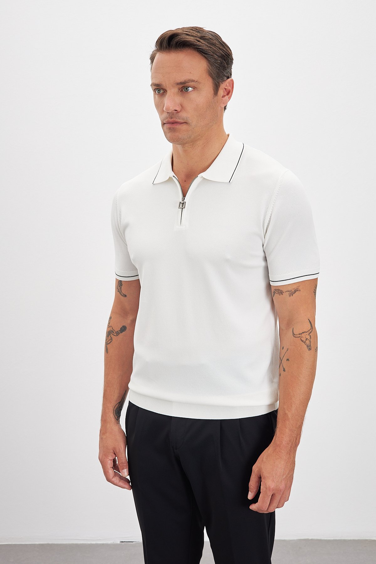 Polo Yaka Fermuarlı Triko Erkek T-Shirt - Açık Bej