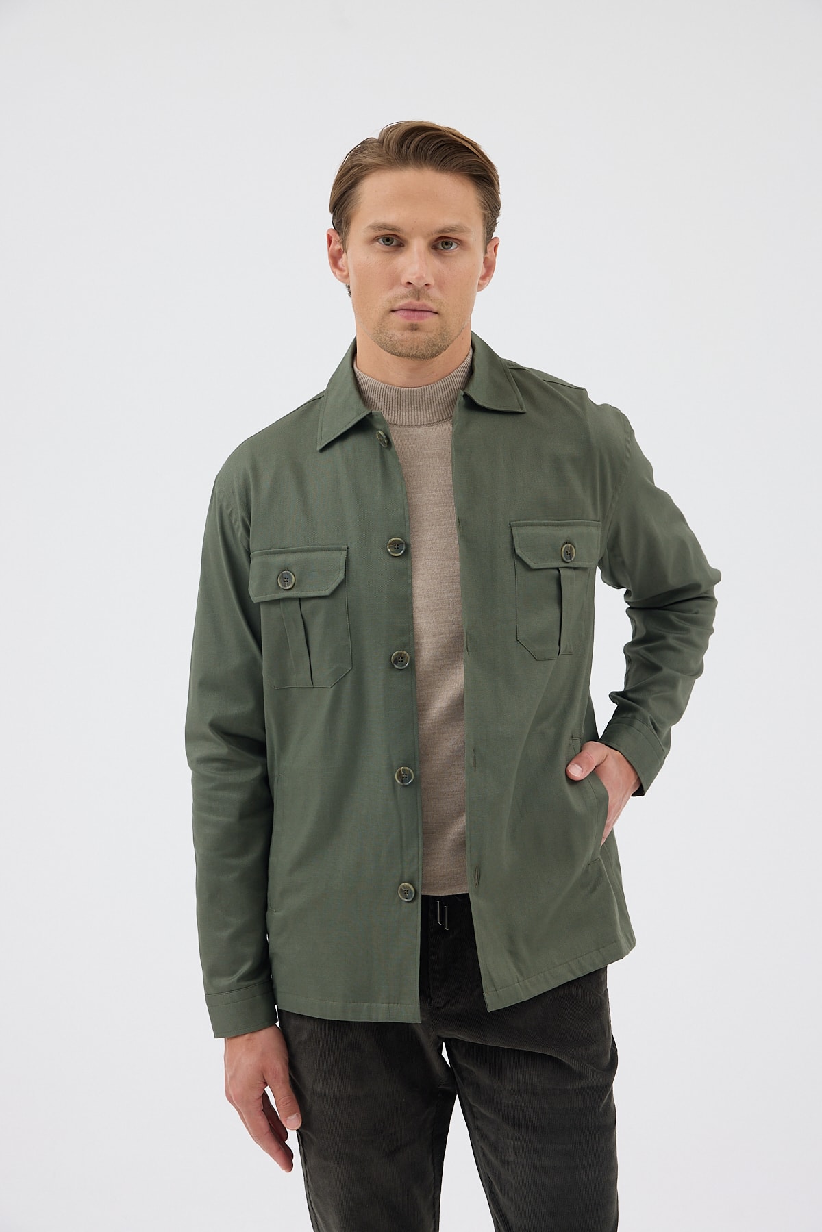 Haki Cepli Tailored Fit Erkek Gömlek Ceket