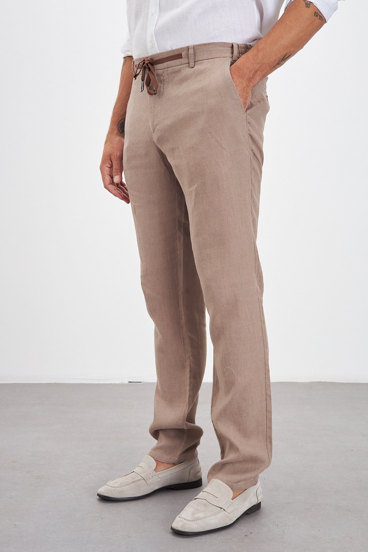 100% Keten Jogger Erkek Pantolon - Bej