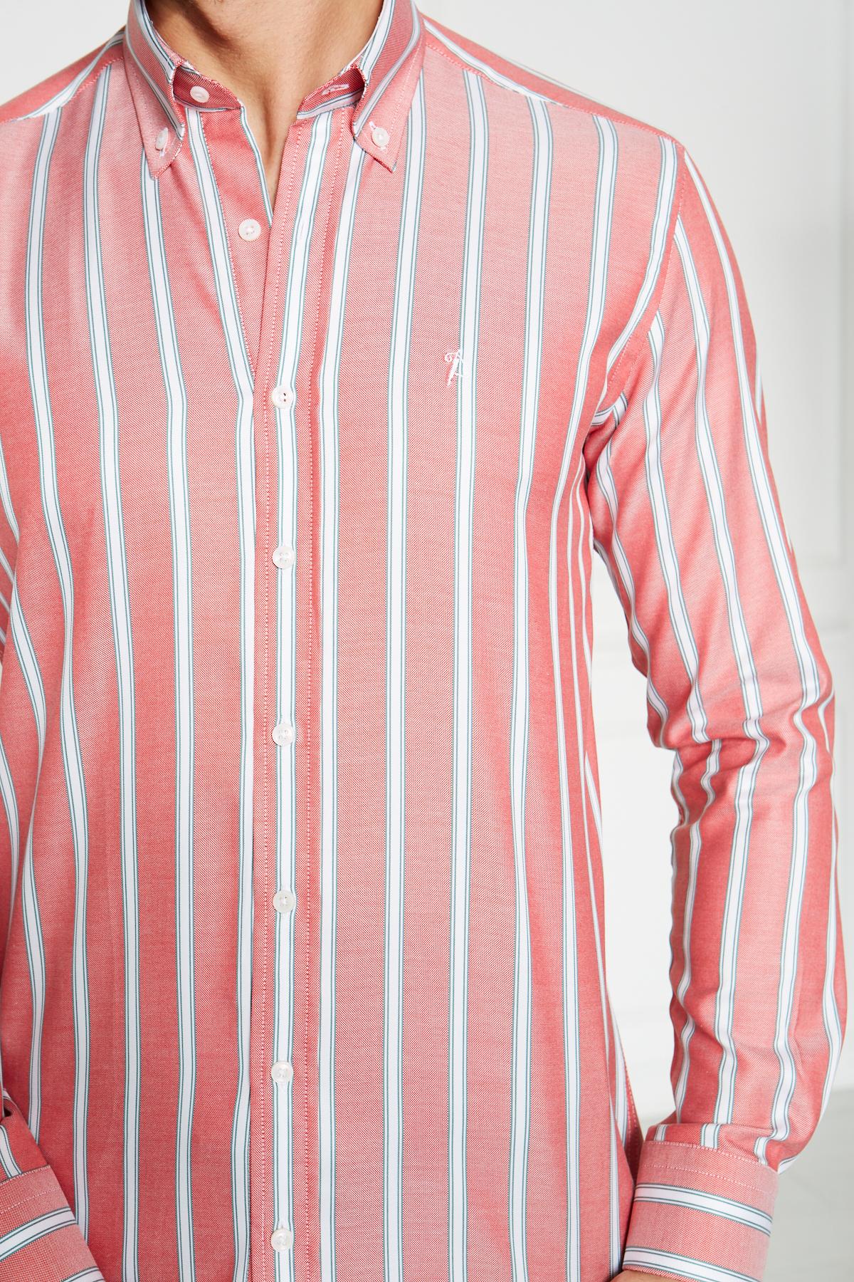 Yaka Düğmeli Slim Fit Klasik Gömlek - Kırmızı-Beyaz