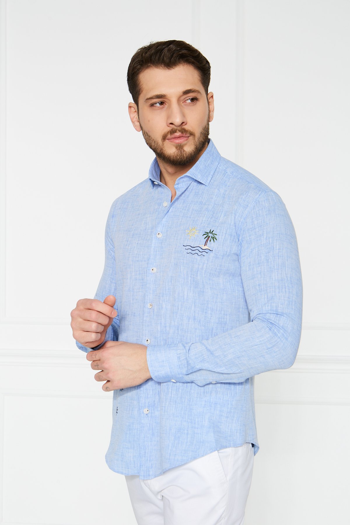 Keten Nakışlı Slim Fit Gömlek - Mavi