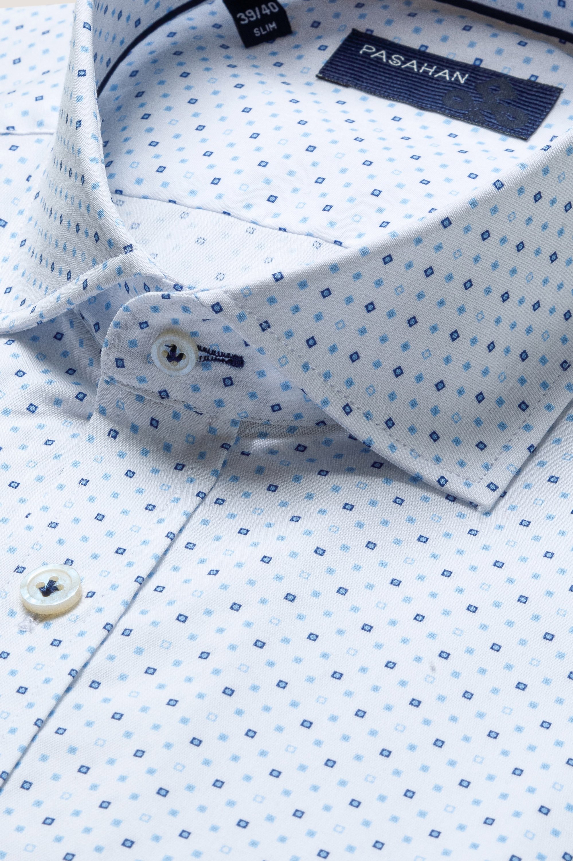 Klasik Desenli Slim Fit Gömlek - Beyaz-Koyu Mavi