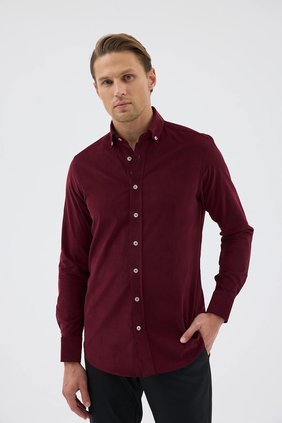 Kadife Yaka Düğmeli %100 Pamuk Comfort Fit Erkek Gömlek - Bordo
