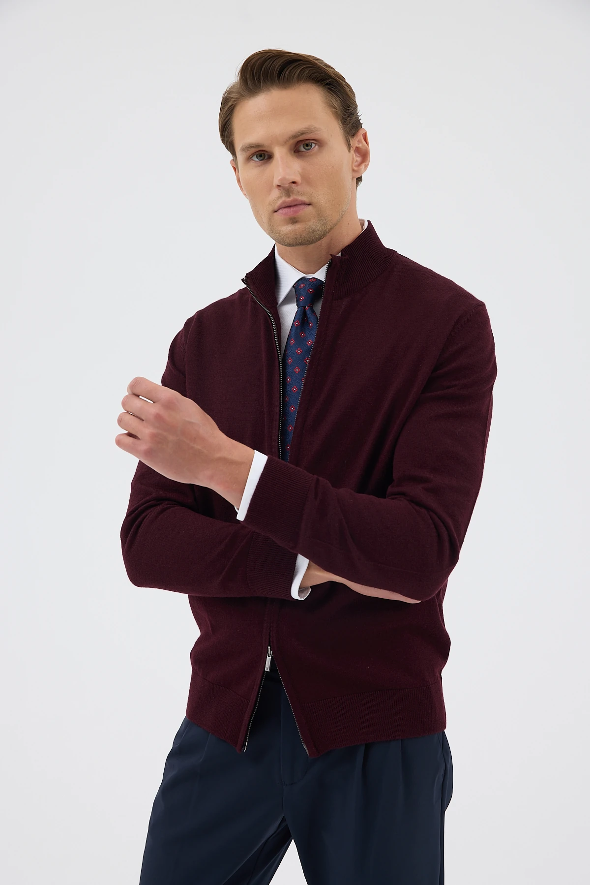 Çift Fermuarlı Yünlü Triko Hırka - Bordo