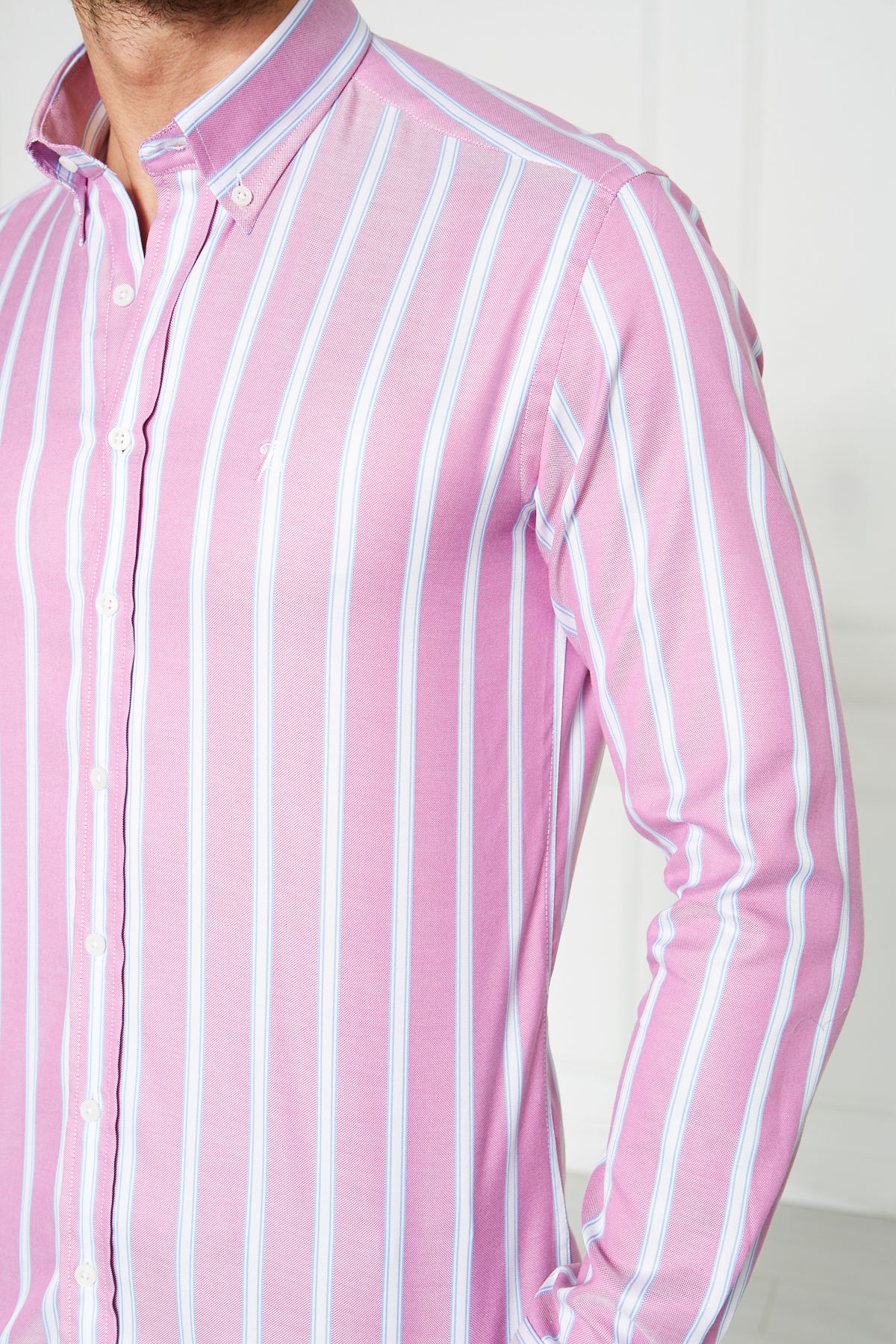 Yaka Düğmeli Slim Fit Klasik Gömlek - Pembe-Beyaz