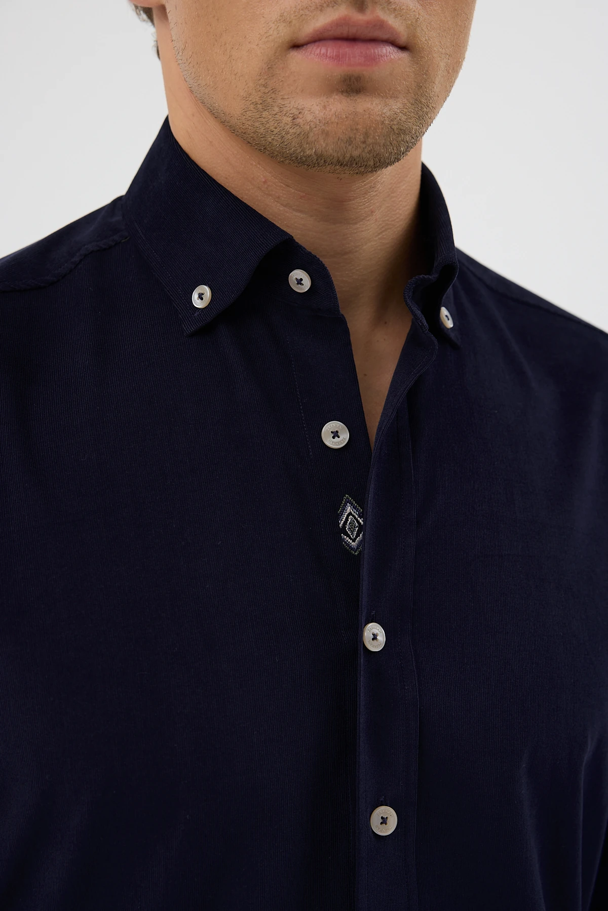 Kadife Yaka Düğmeli %100 Pamuk Comfort Fit Erkek Gömlek - Lacivert