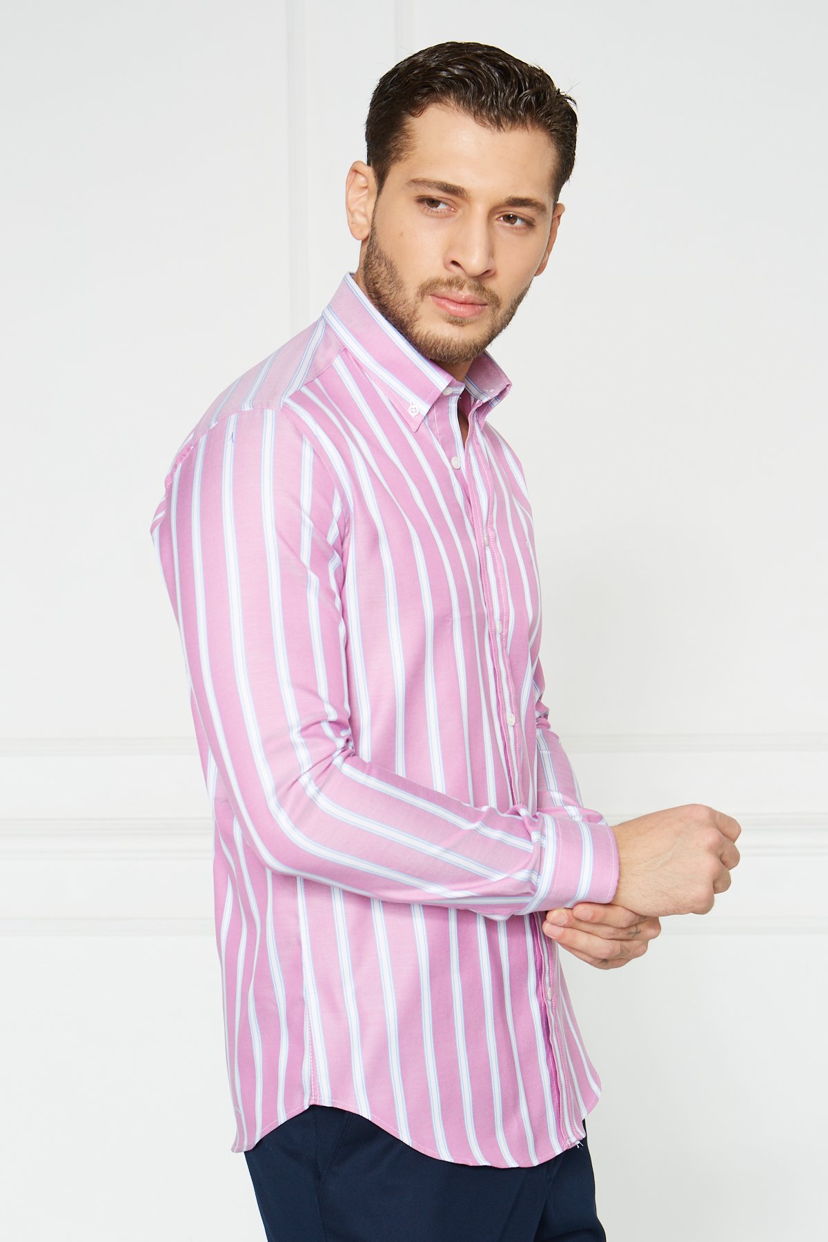 Yaka Düğmeli Slim Fit Klasik Gömlek - Pembe-Beyaz