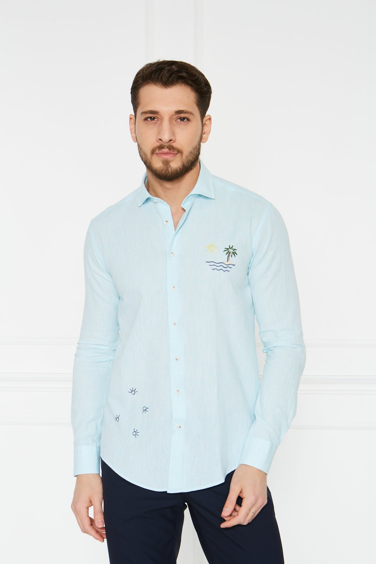 Keten Nakışlı Slim Fit Gömlek - Turkuaz
