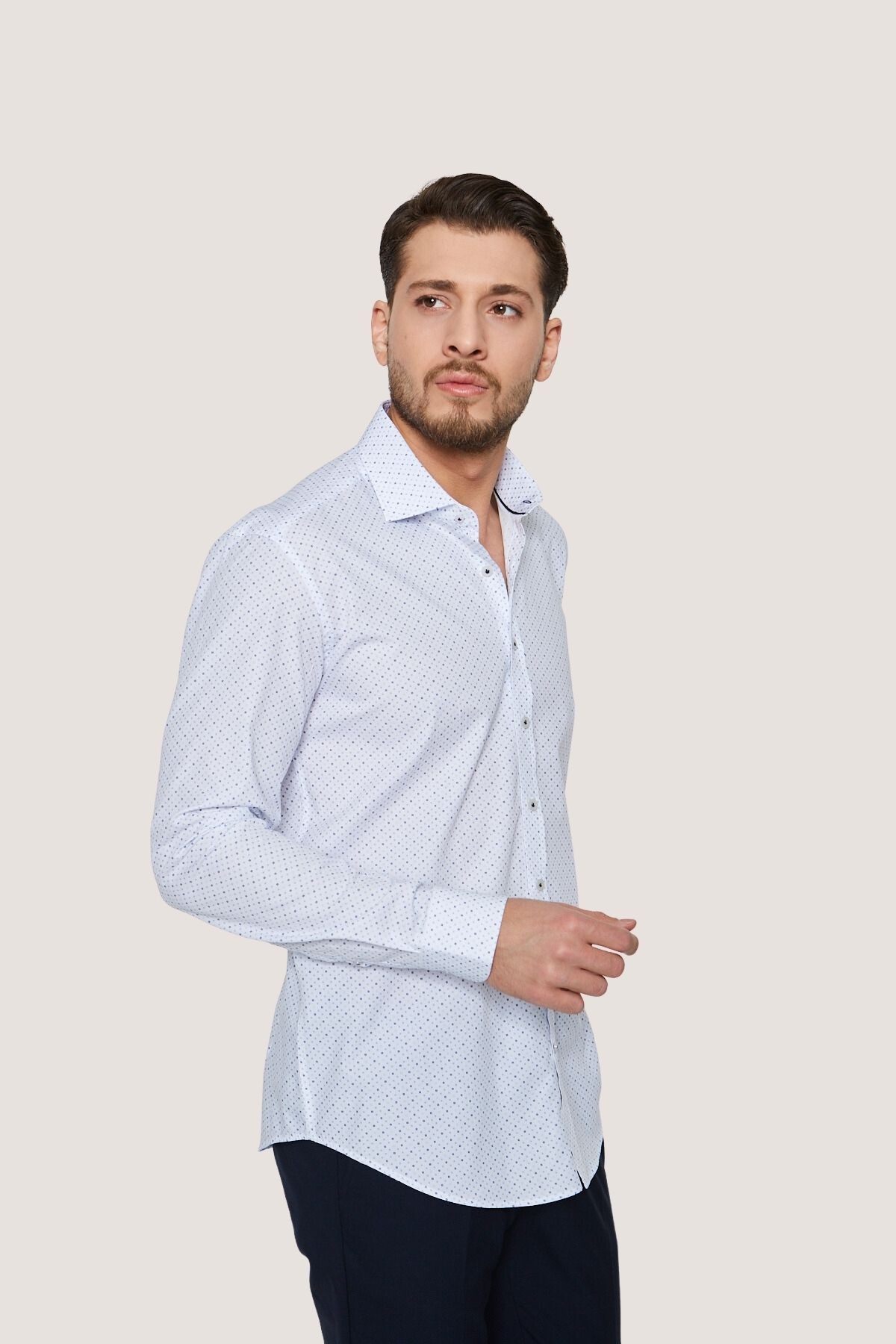 Klasik Desenli Slim Fit Gömlek - Beyaz-Koyu Mavi