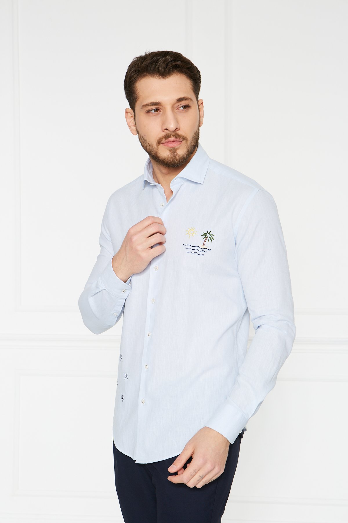 Keten Nakışlı Slim Fit Gömlek - Açık Mavi