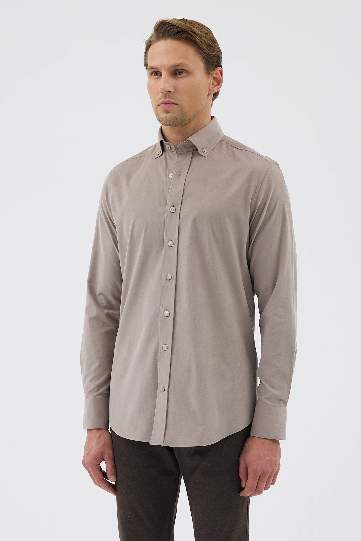 Kadife Yaka Düğmeli %100 Pamuk Comfort Fit Erkek Gömlek - Gri