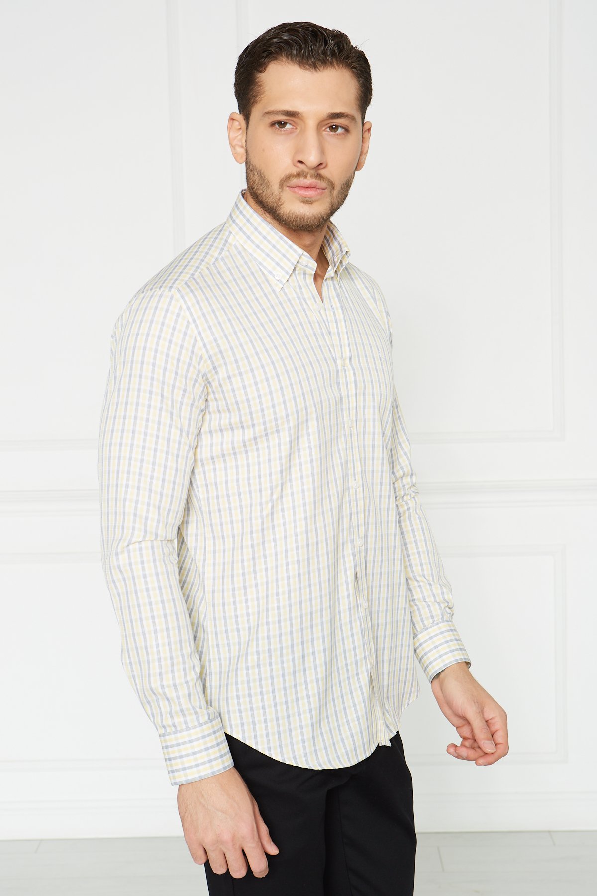 Yaka Düğmeli Slim Fit Klasik Gömlek - Beyaz-Kahve