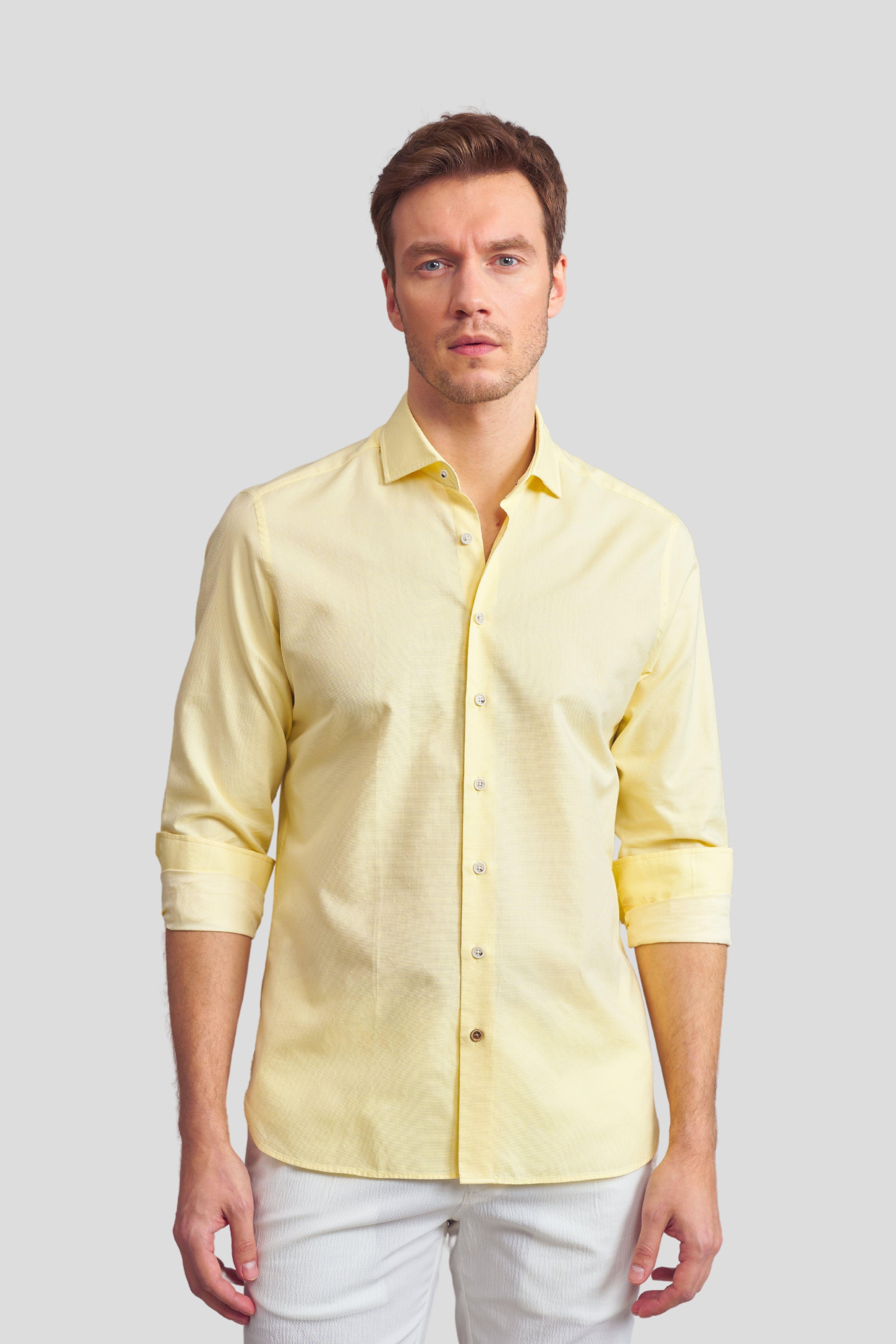 Desenli Comfort Fit Keten Gömlek - Sarı