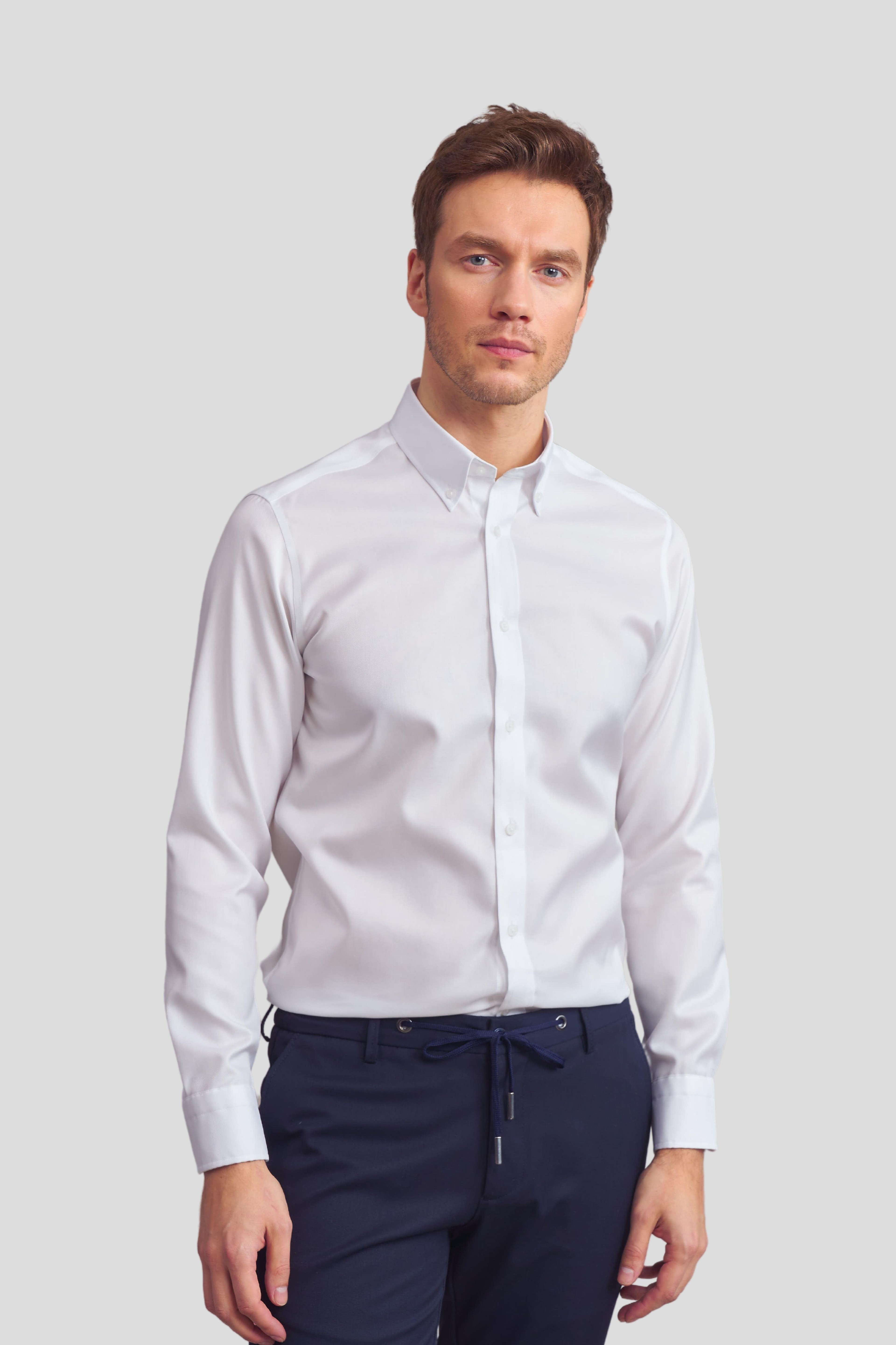 Yaka Düğmeli Non Iron Gömlek - Oxford - Beyaz