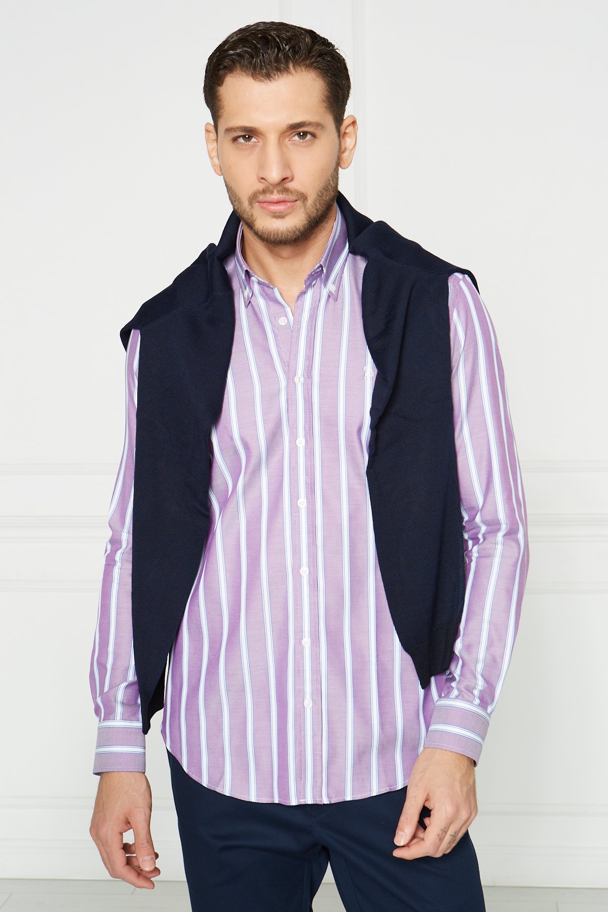 Yaka Düğmeli Slim Fit Klasik Gömlek - Mor-Beyaz