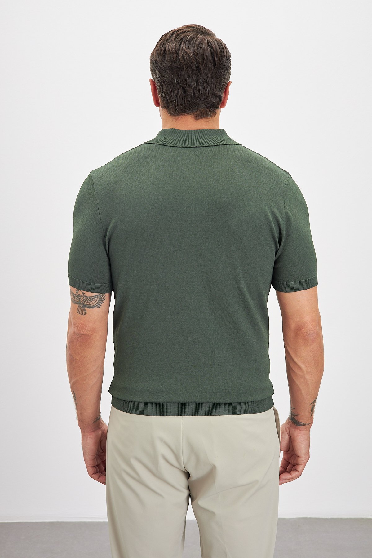 Desenli Fermuarlı Polo Yaka Triko Erkek T-shirt - Haki