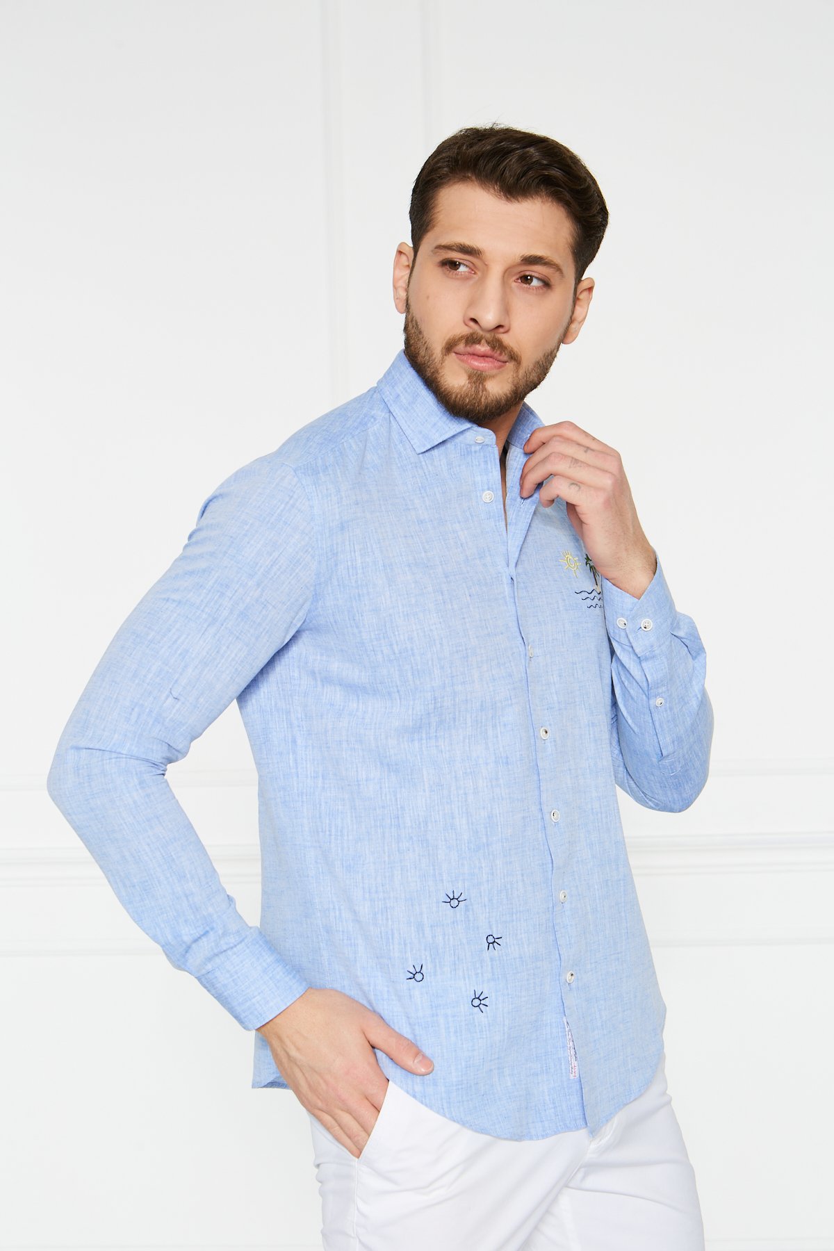 Keten Nakışlı Slim Fit Gömlek - Mavi