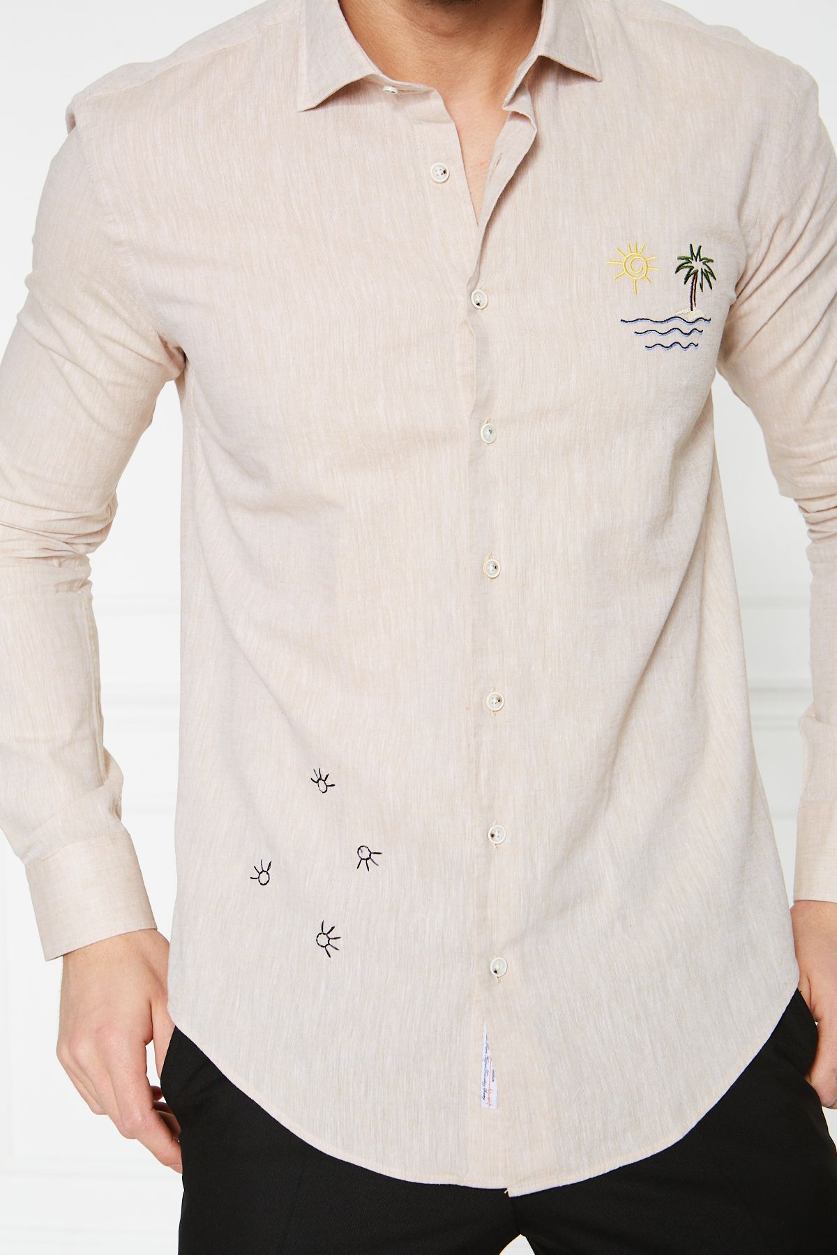 Keten Nakışlı Slim Fit Gömlek - Bej