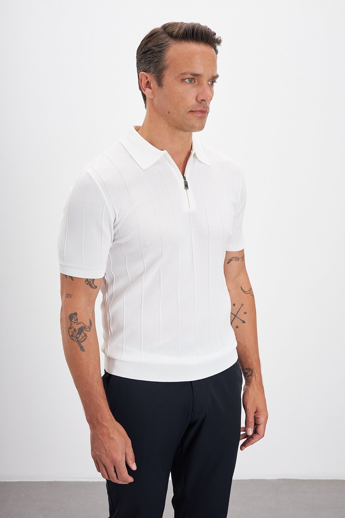 Fermuarlı Polo Yaka Çizgi Desenli Triko Erkek T-Shirt