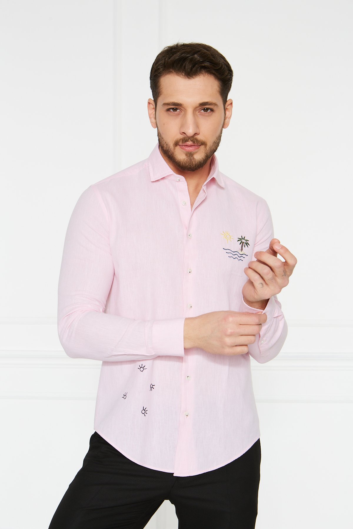 Keten Nakışlı Slim Fit Gömlek - Pembe