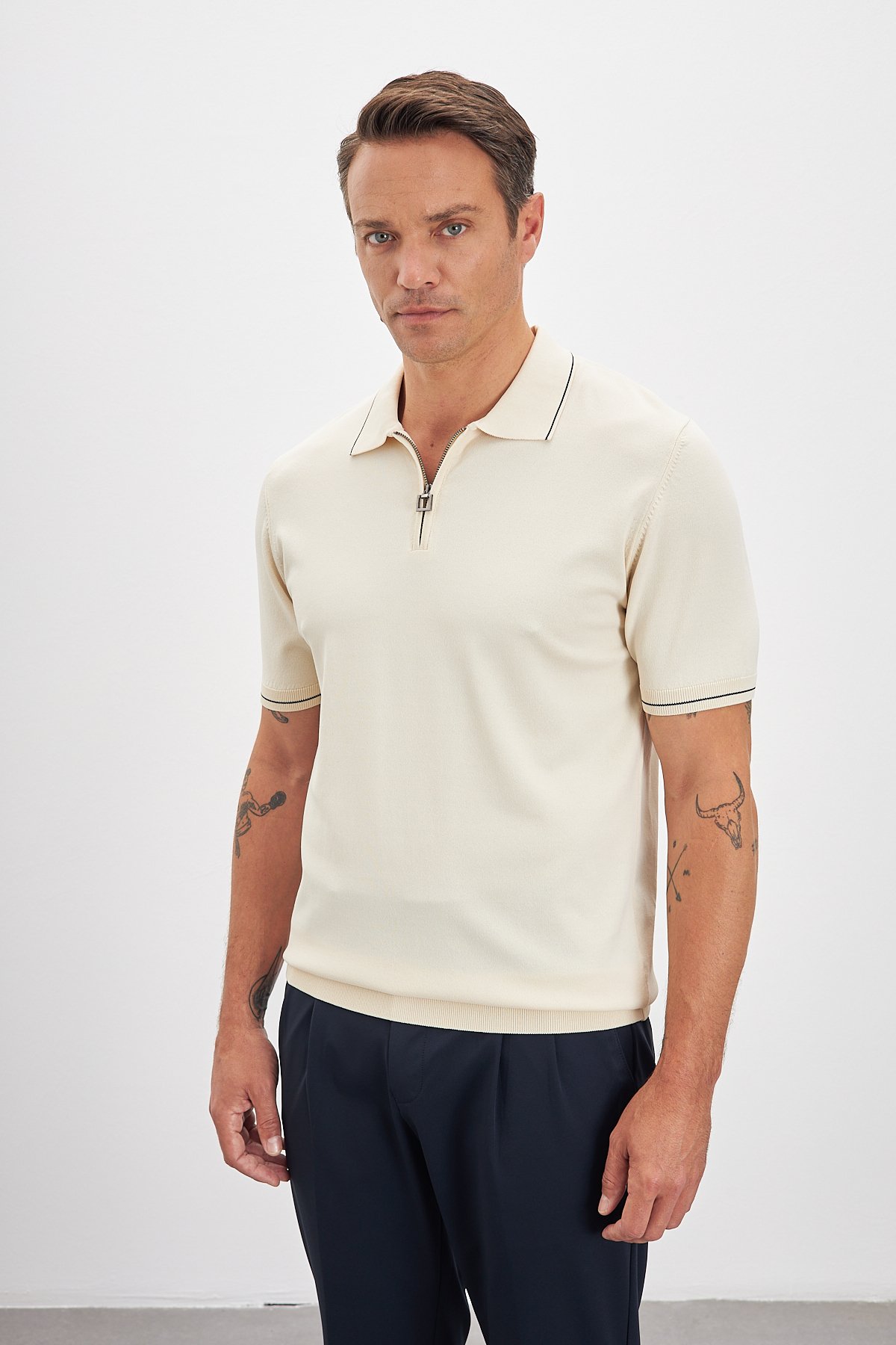 Polo Yaka Fermuarlı Triko Erkek T-Shirt - Bej