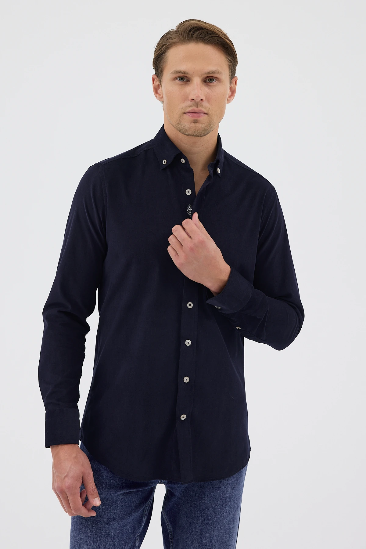 Kadife Yaka Düğmeli %100 Pamuk Comfort Fit Erkek Gömlek - Lacivert
