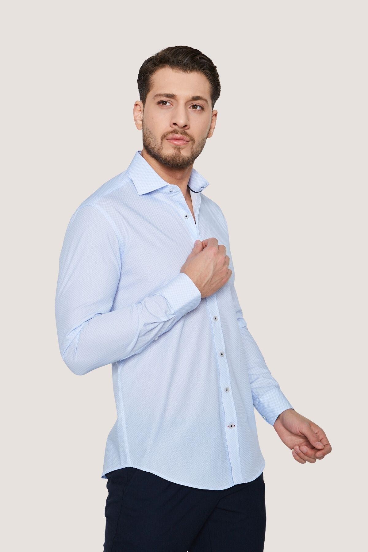 Klasik Desenli Slim Fit Gömlek - Beyaz-Açık Mavi