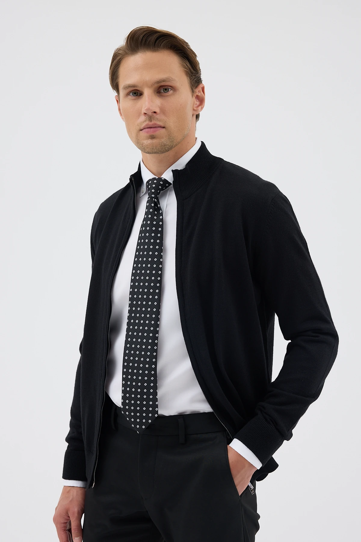 Çift Fermuarlı Yünlü Triko Hırka - Siyah