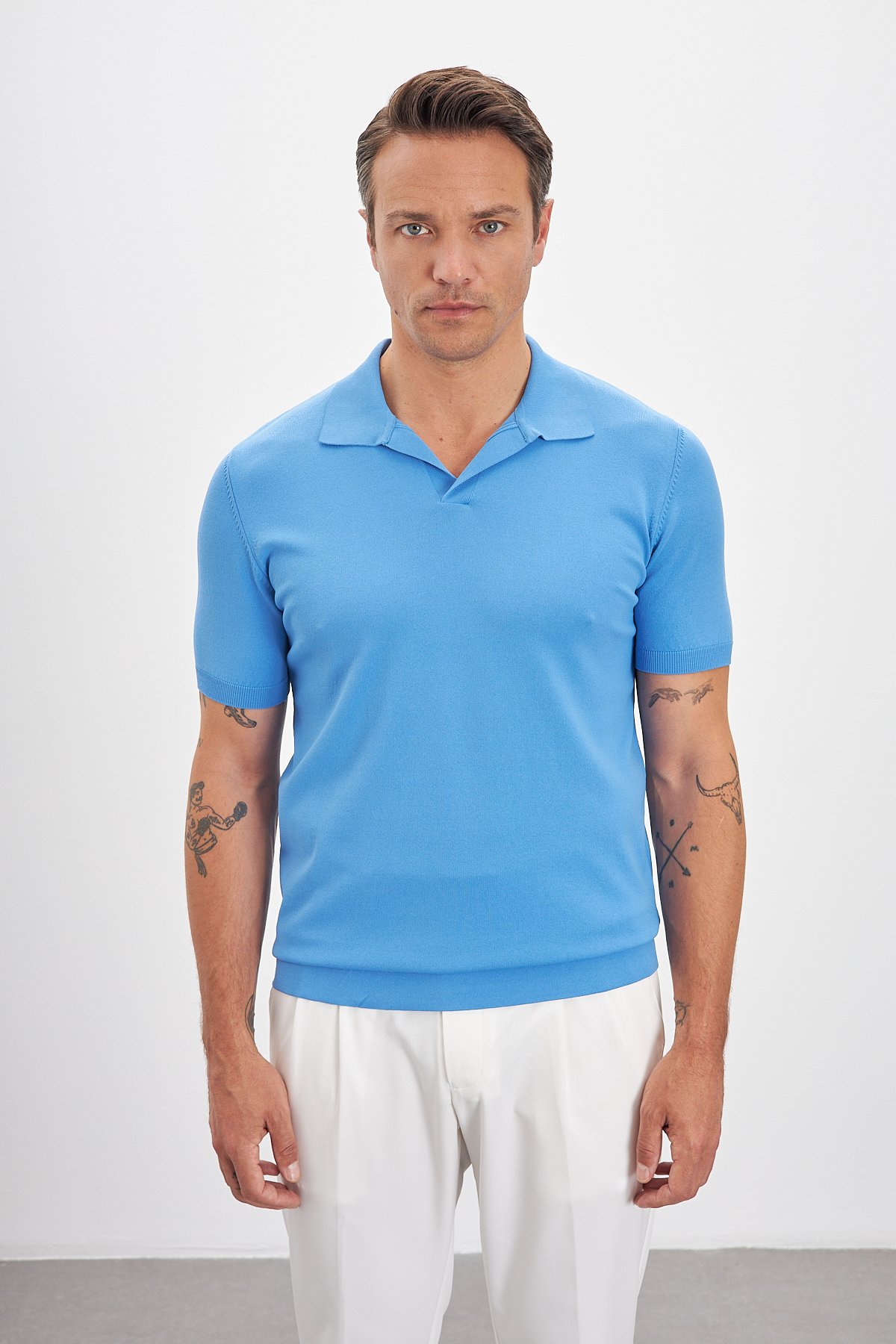 Polo Yaka Patlı Triko Erkek T-Shirt - Mavi