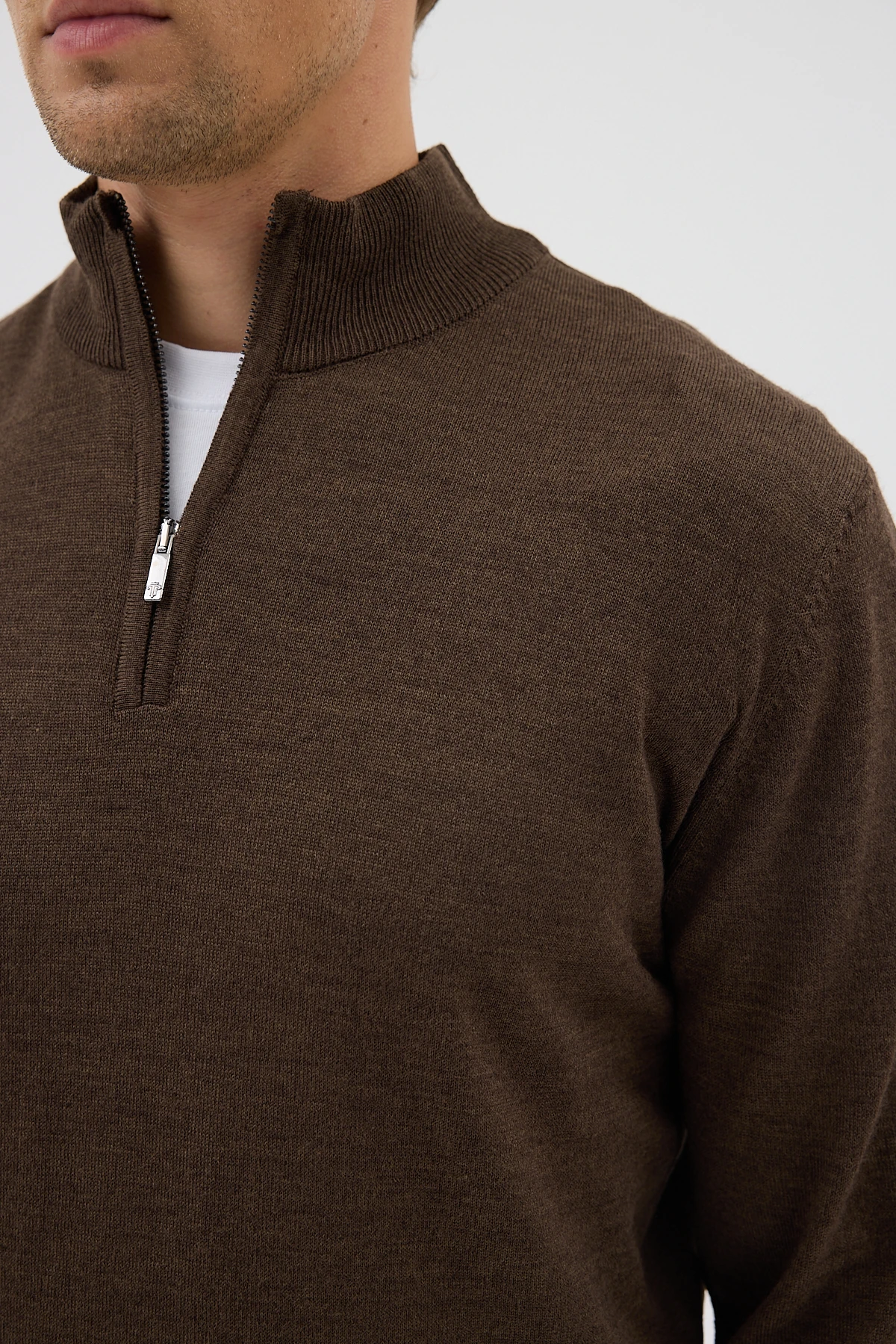 Yarım Balıkçı Fermuarlı Yünlü Triko Kazak - Kahverengi