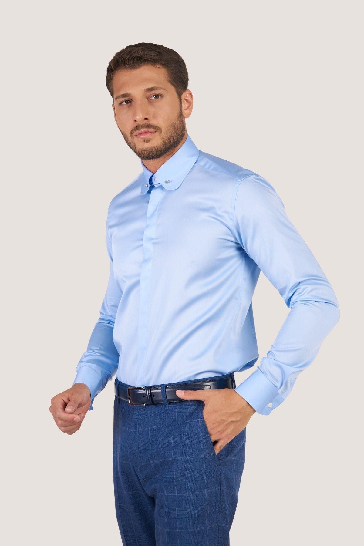 Bebe Yaka İğneli Slim Fit Gömlek - Mavi