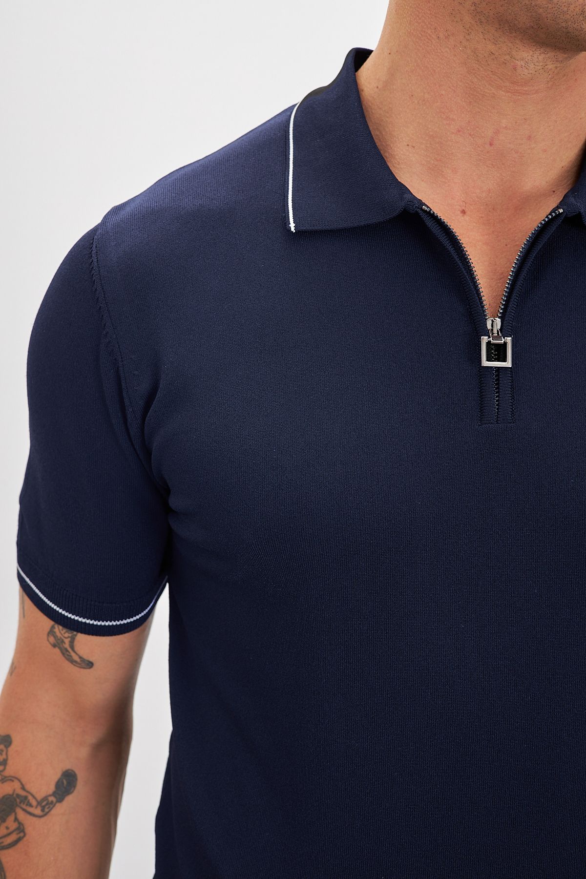 Polo Yaka Fermuarlı Triko Erkek T-Shirt - Lacivert
