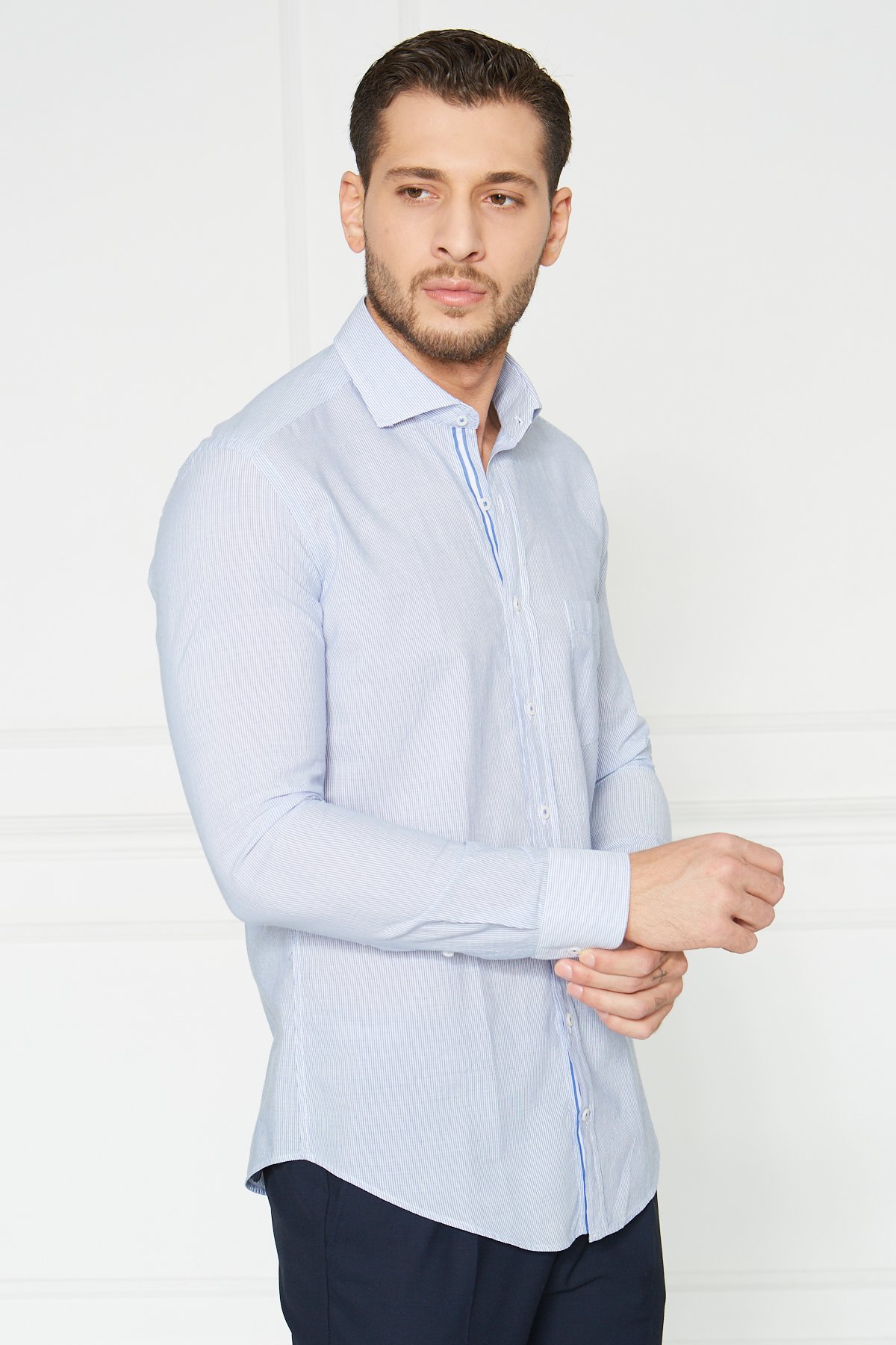 Çizgili Slim Fit Casual Gömlek - Lacivert-Beyaz