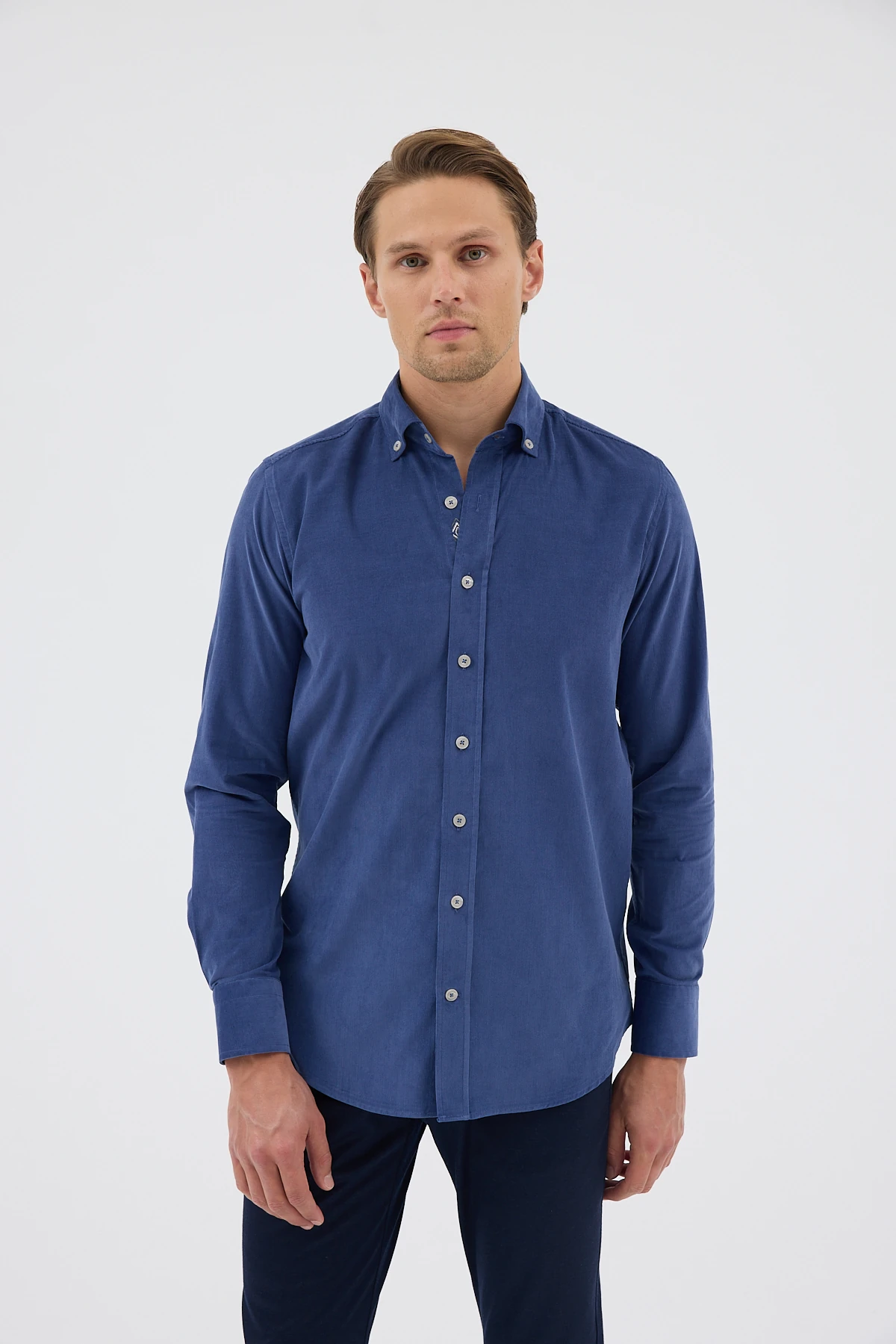 Kadife Yaka Düğmeli %100 Pamuk Comfort Fit Erkek Gömlek - Koyu Mavi