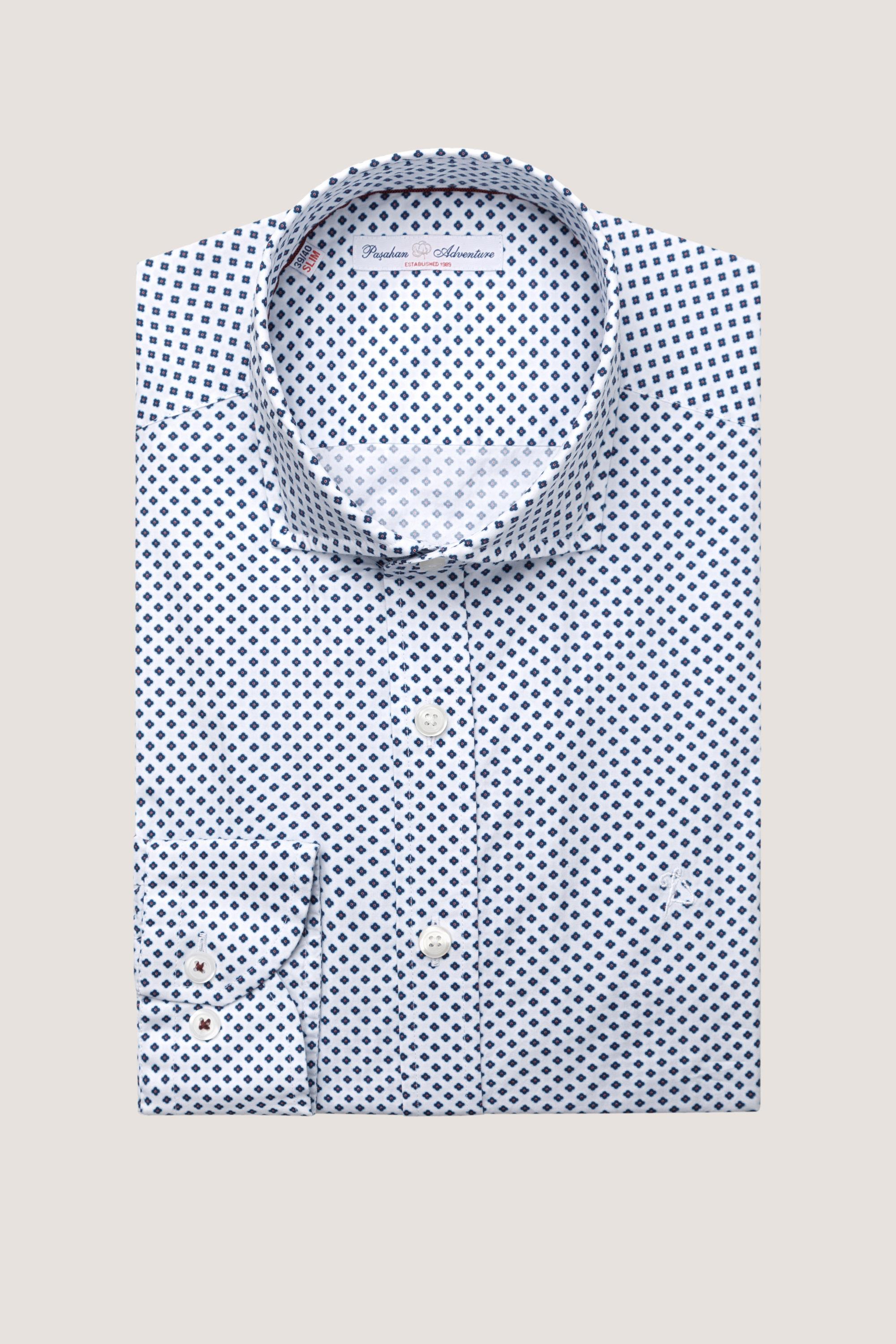 Desenli Nakışlı Slim Fit Gömlek - Beyaz-Lacivert