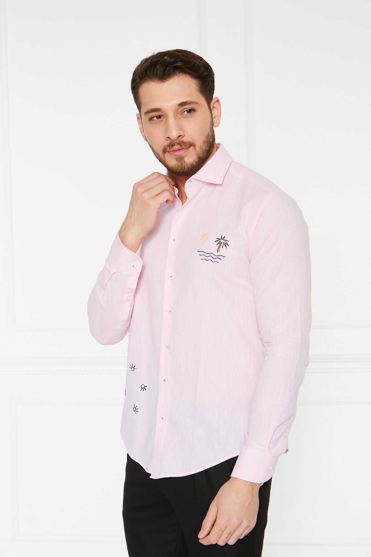 Keten Nakışlı Slim Fit Gömlek - Pembe