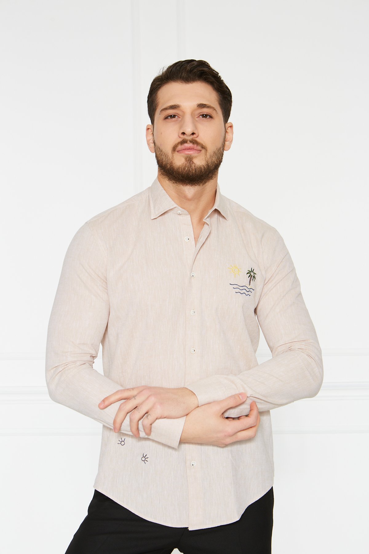 Keten Nakışlı Slim Fit Gömlek - Bej