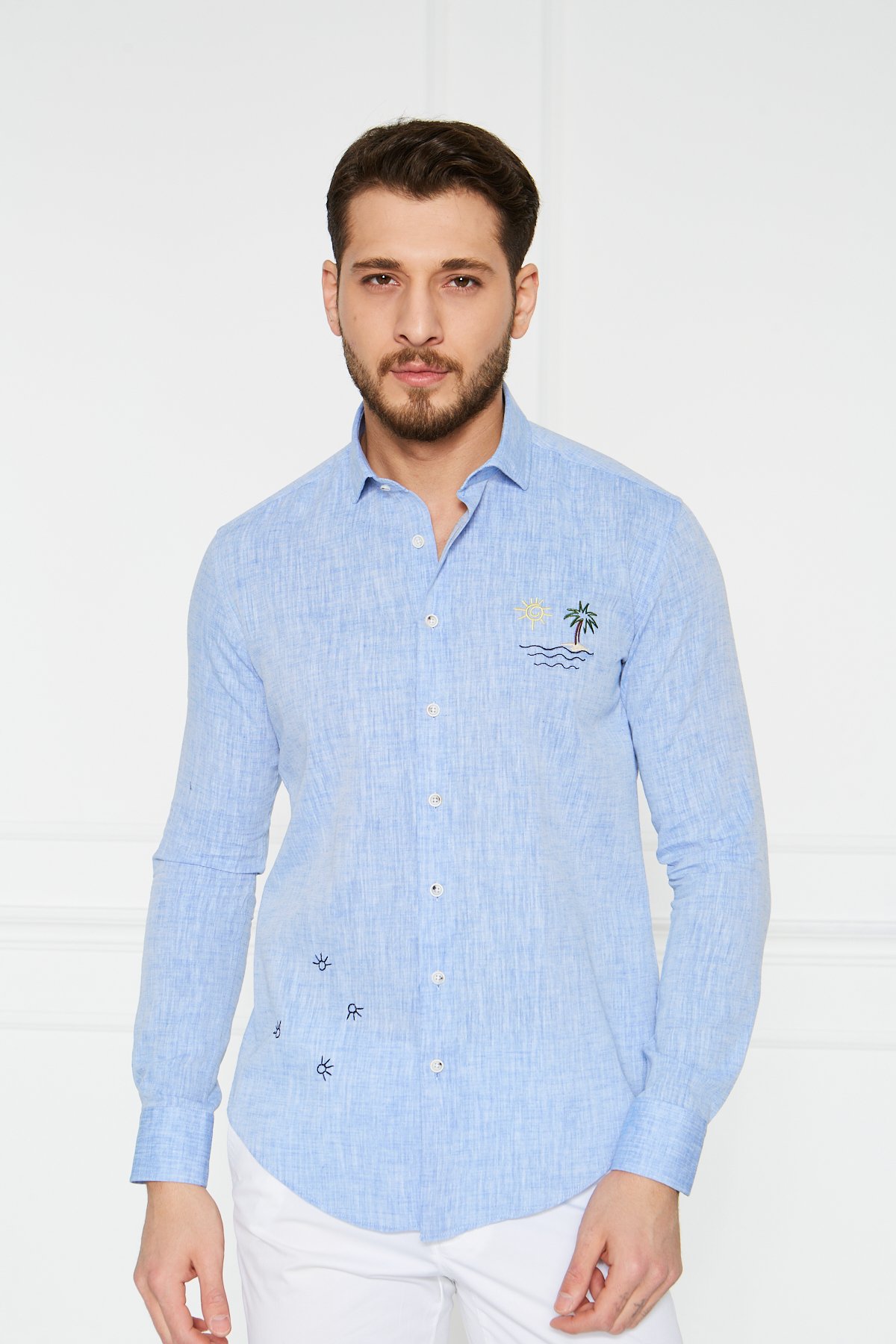 Keten Nakışlı Slim Fit Gömlek - Mavi