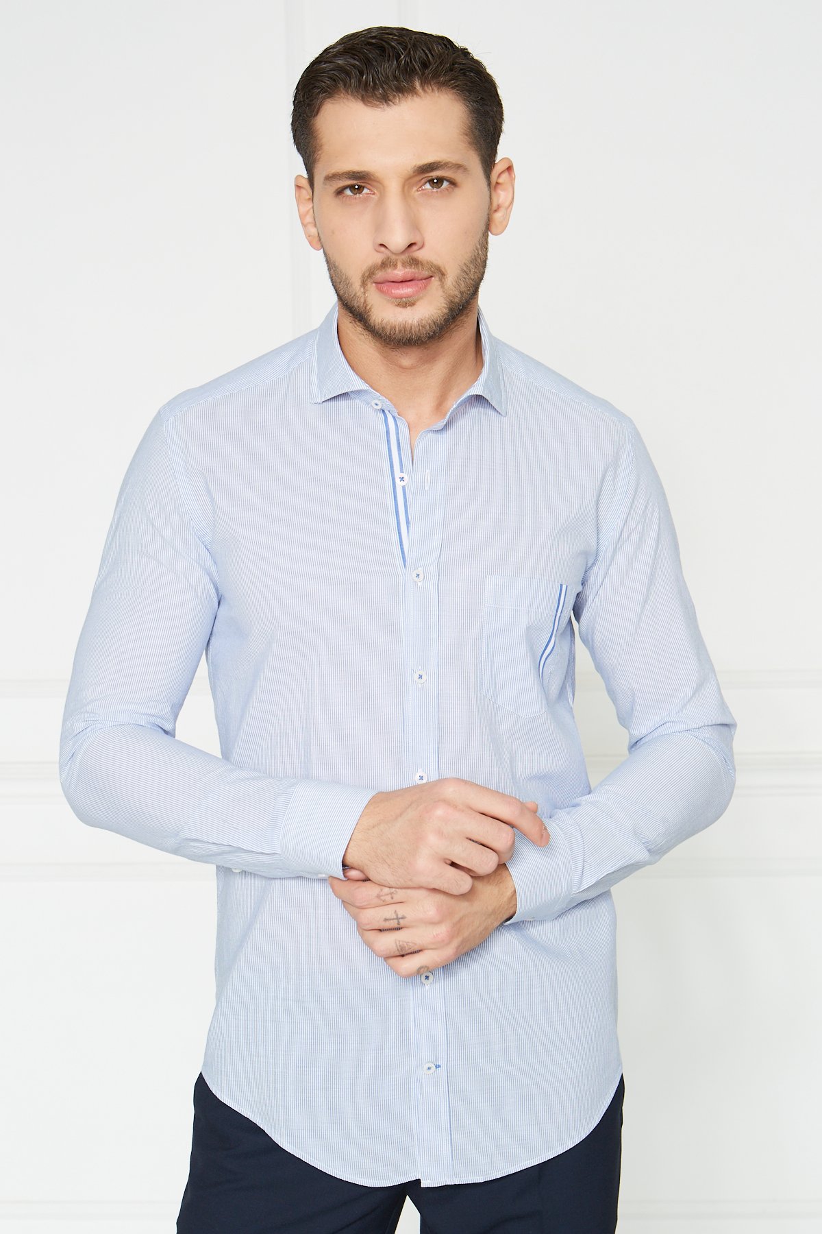 Çizgili Slim Fit Casual Gömlek - Lacivert-Beyaz