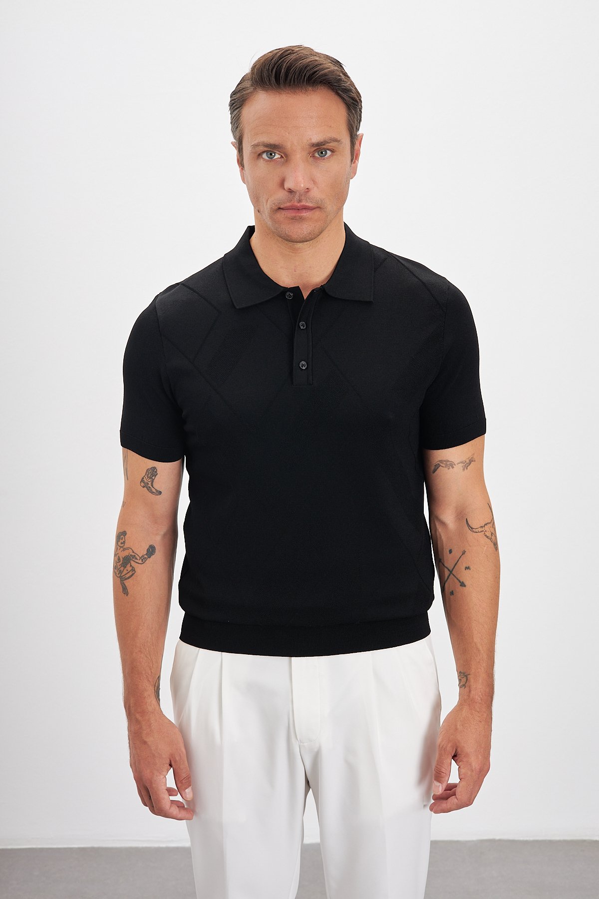 Düğmeli Pola Yaka Erkek T-shirt - Siyah