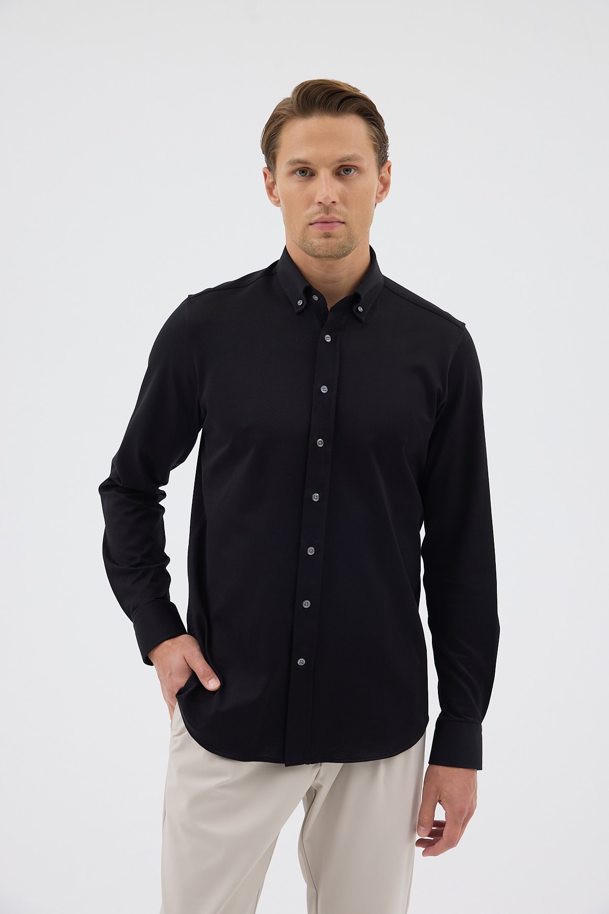 Örme %100 Pamuk Comfort Fit Erkek Gömlek - Siyah