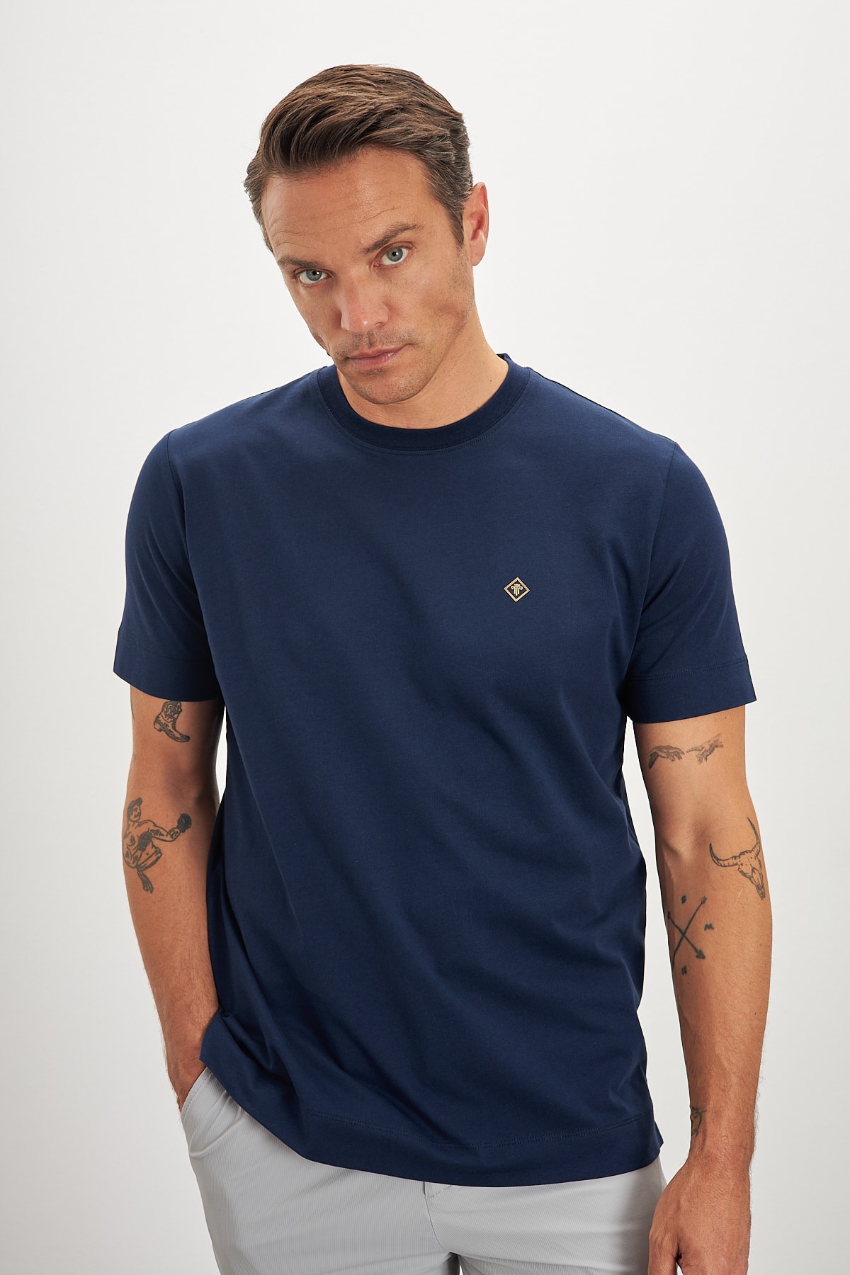 Bisiklet Yaka Basic %100 Pamuk Comfort Fit Logo Baskılı Erkek T-Shirt - Lacivert