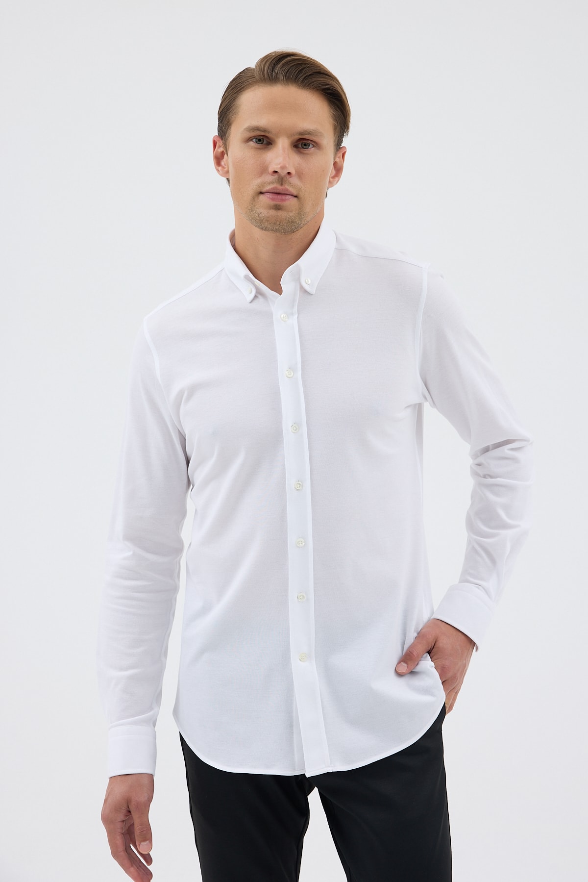 Örme %100 Pamuk Comfort Fit Erkek Gömlek - Beyaz