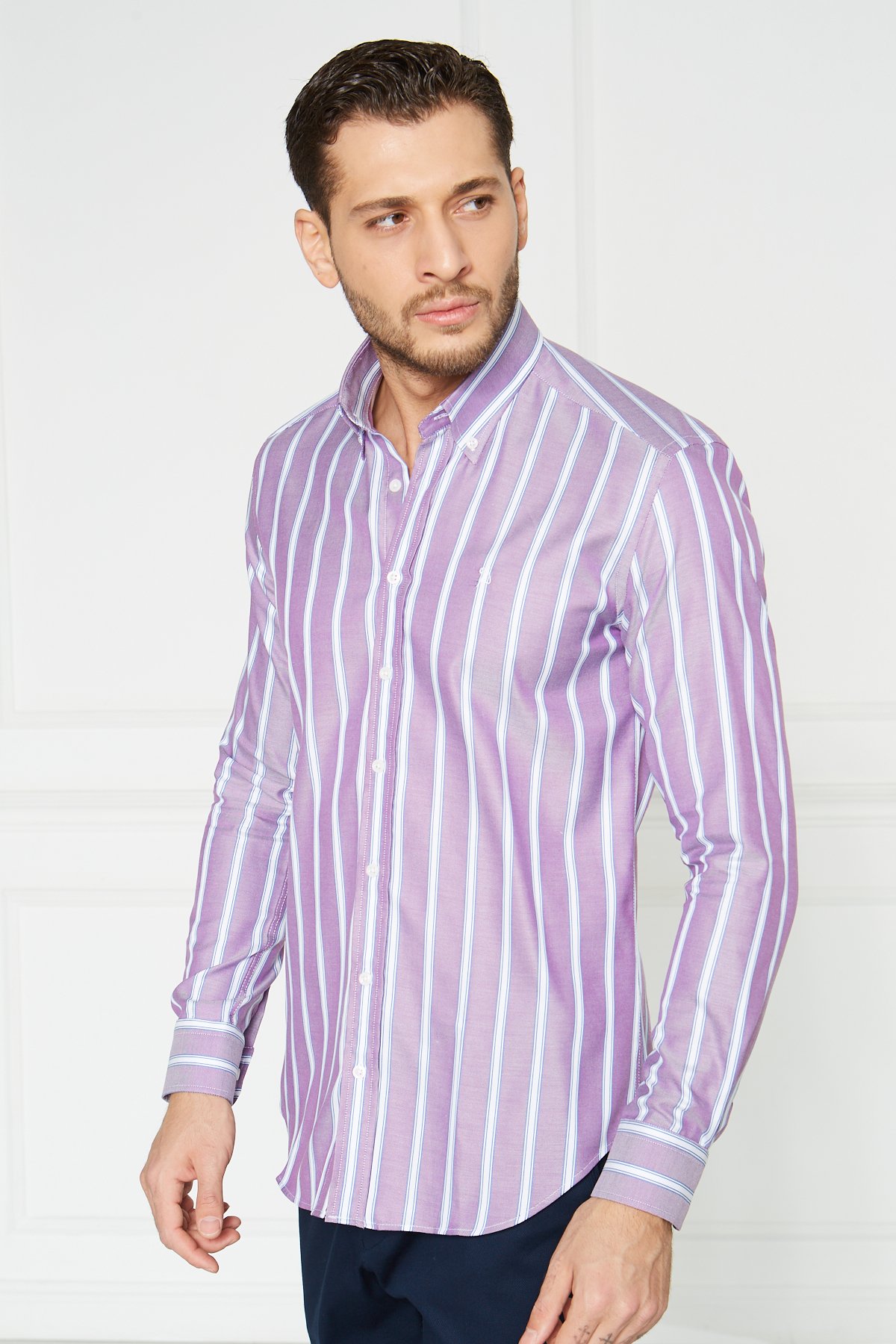 Yaka Düğmeli Slim Fit Klasik Gömlek - Mor-Beyaz
