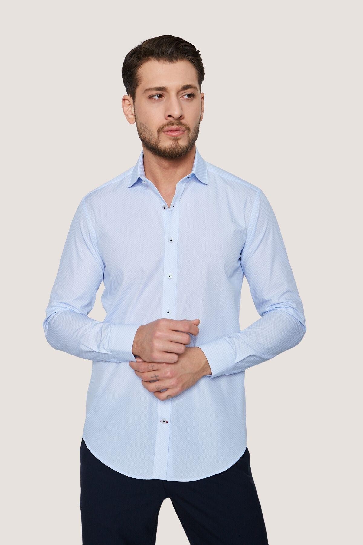 Klasik Desenli Slim Fit Gömlek - Beyaz-Açık Mavi