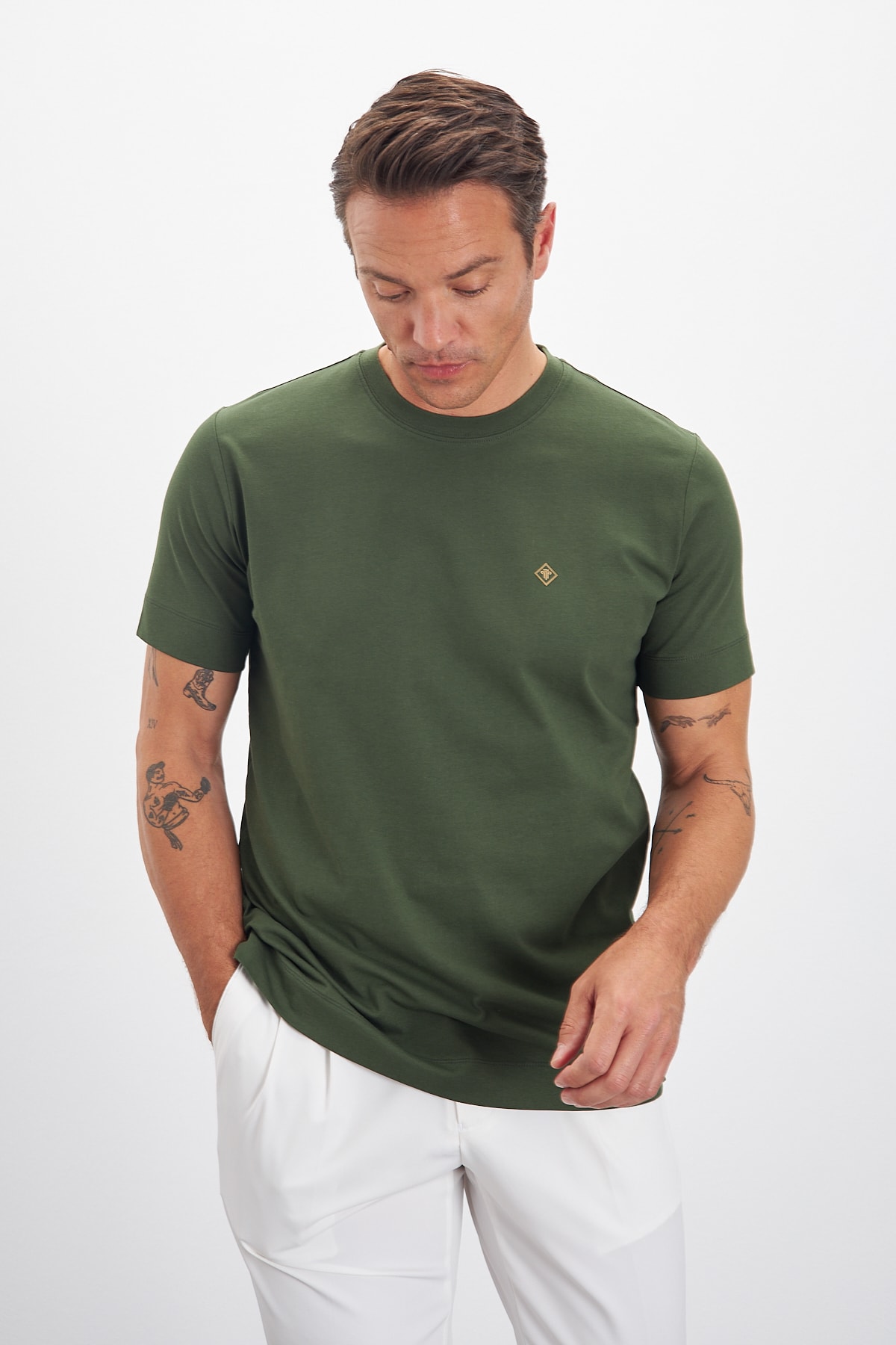 Bisiklet Yaka Basic %100 Pamuk Comfort Fit Logo Baskılı Erkek T-Shirt - Haki