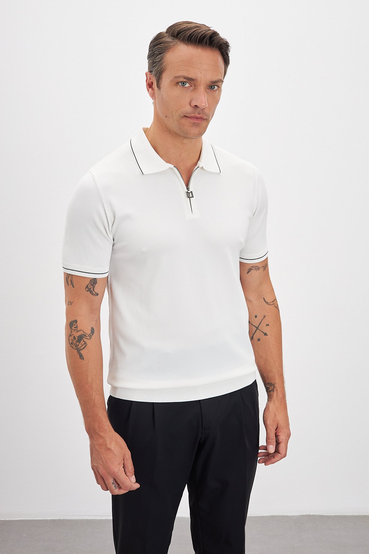 Polo Yaka Fermuarlı Triko Erkek T-Shirt - Açık Bej