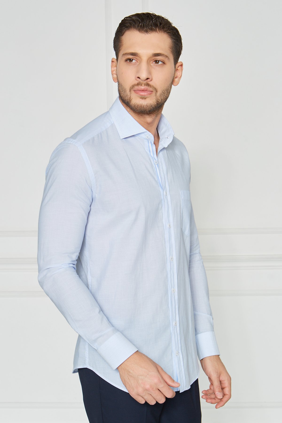 Çizgili Slim Fit Casual Gömlek - Mavi-Beyaz