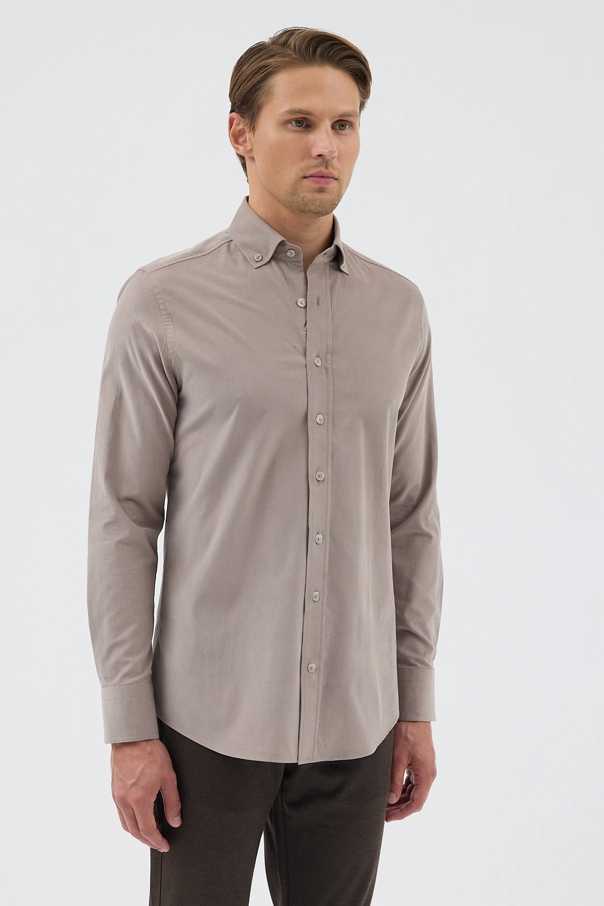 Kadife Yaka Düğmeli %100 Pamuk Comfort Fit Erkek Gömlek - Gri