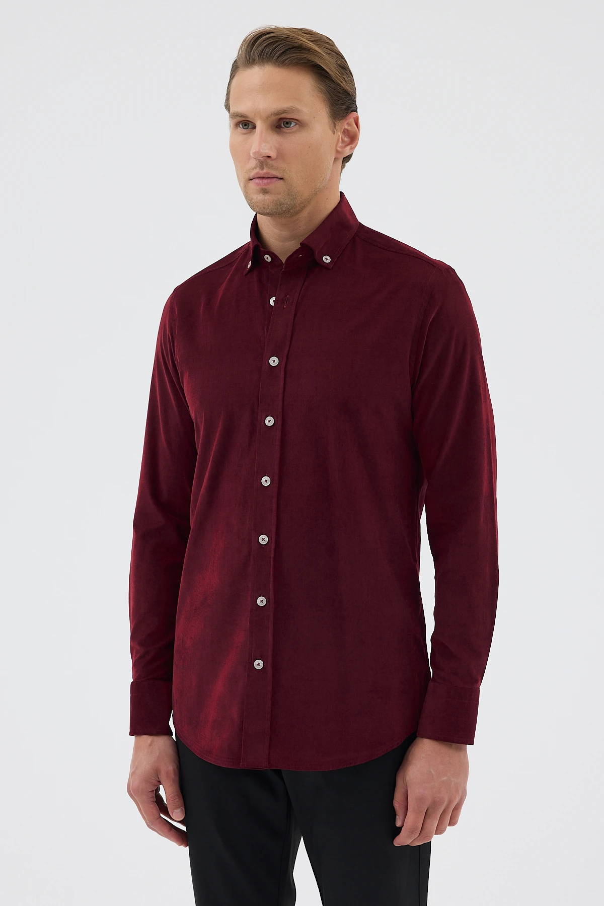 Kadife Yaka Düğmeli %100 Pamuk Comfort Fit Erkek Gömlek - Bordo